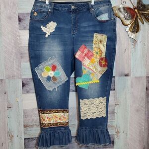 Upcycled Floral Beads & Lace Ruffle Crop Jeans Sz 20W Party Festival Fun Denim